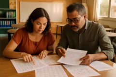 Professora e coordenadora pedagógica comparando plano de intervenção, agrupamento produtivo e recuperação contínua com registros de aprendizagem e planejamento semanal