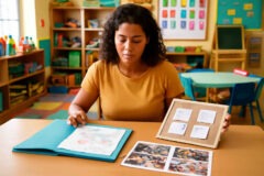 Professora da Educação Infantil comparando portfólio, painel de observação e registro fotográfico para avaliar a turma