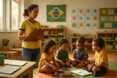 Professora fazendo registros na Educação Infantil enquanto observa as crianças em atividade na sala