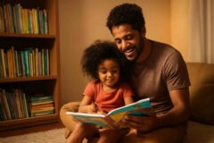 Família lendo junta em casa durante uma rotina de leitura com criança