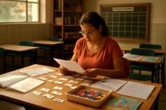 Professora organizando uma sequência didática na alfabetização com letras móveis, fichas de palavras e planejamento semanal