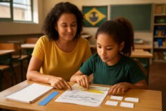 Professora adaptando atividade para aluno com dislexia com apoio visual, régua de leitura e cartões de palavras em sala de aula