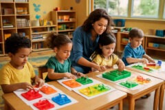 Professora conduzindo brincadeiras com cores na Educação Infantil com materiais coloridos e crianças participando da atividade