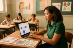 Professora analisando no notebook uma avaliação diagnóstica no Google Forms em sala de aula