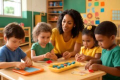 Professora observando crianças em atividades de coordenação motora fina na Educação Infantil
