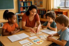 Professora realizando intervenção pedagógica com alunos em hipótese silábica usando letras móveis e palavras de apoio