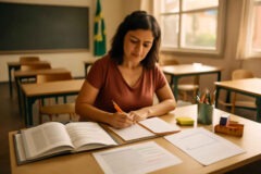 Professora organizando plano de aula alinhado à BNCC com registros, materiais pedagógicos e checklist de avaliação
