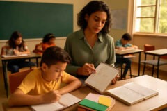 Professora usando rubrica para avaliação formativa ao analisar atividades dos alunos em sala de aula